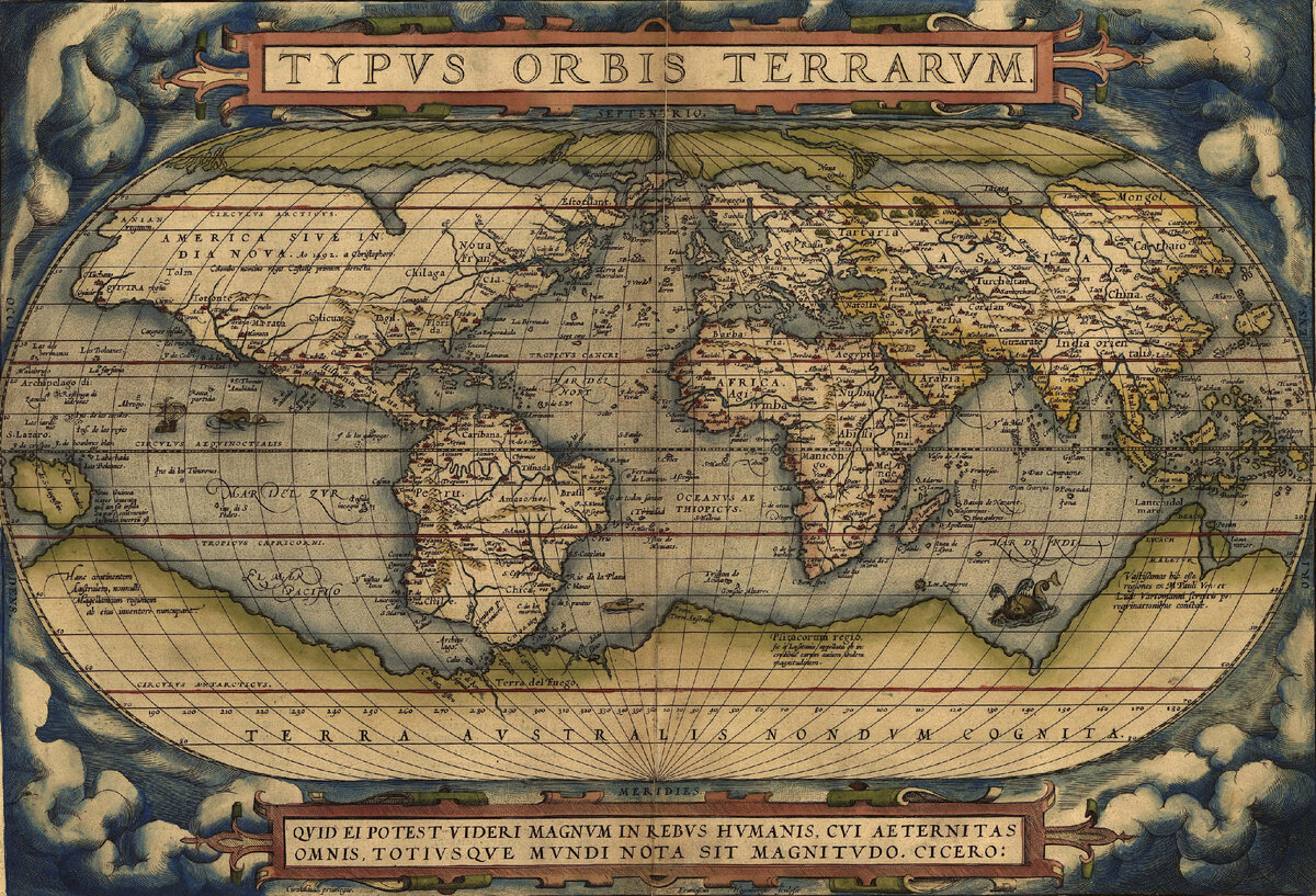 Карта Абрахама Ортелиуса Theatrum Orbis Terrarum, на которой изображён острова Брендана на 50º северной широты, меридиан 360, у берегов Ирландии