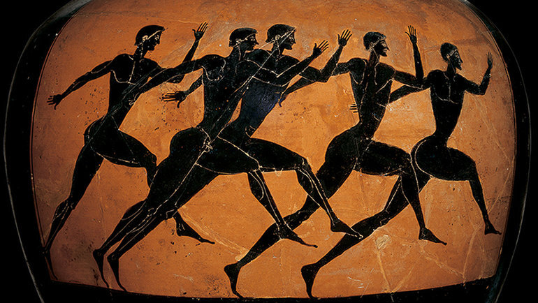    Изображение древнегреческих спортсменов на амфоре.