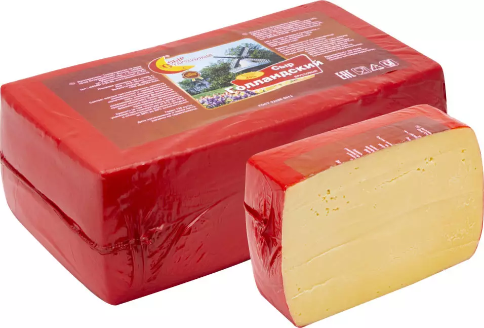 Известный всем нам «Голландский» сыр российского производства относится к полутвердым сычужным сырам. Головка сыра светло-желтого цвета, с тонкой корочкой, плотной, эластичной текстуры.