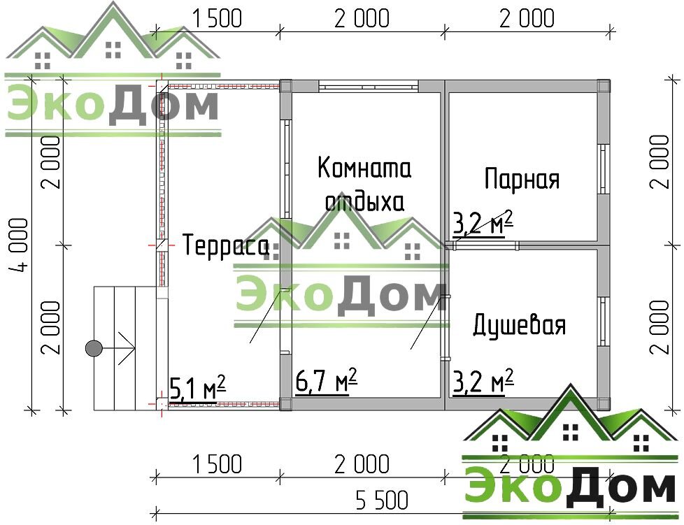 План-схема недорогой бани из бруса по проекту ДБ-17 от компании ЭкоДом-Кострома