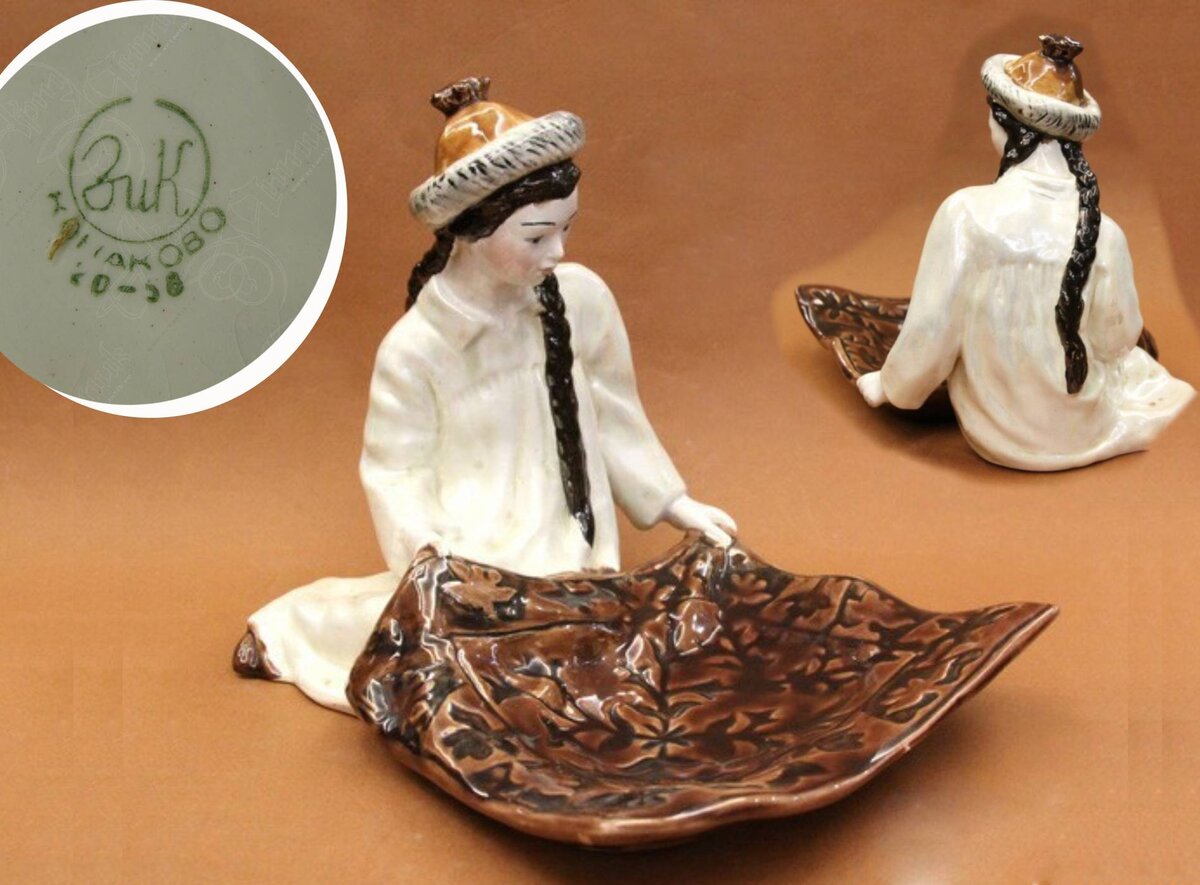 Конфетница "Киргизка с ковром" / Конаковская фаянсовая фабрика / 50-е гг