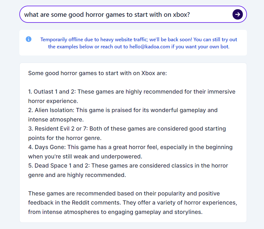   Ответ бота на вопрос "В какую хоррор-игру можно поиграть на Xbox?"Loonia.com