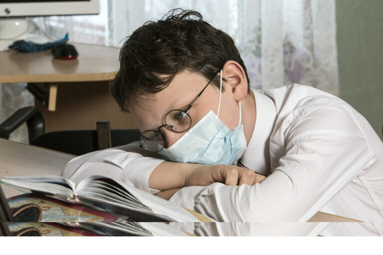    The online school student does his homework.