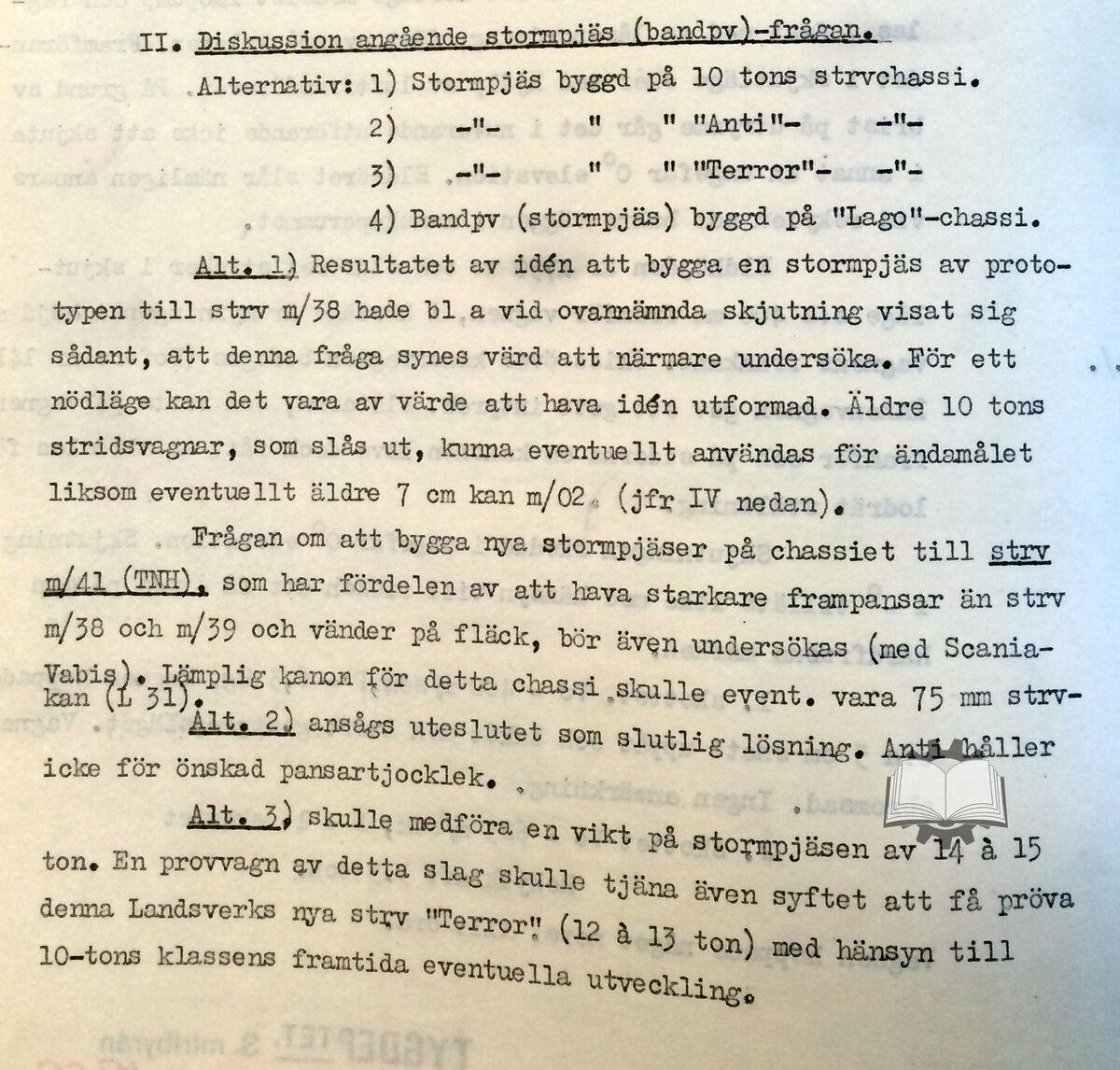 В январе 1942 обсуждалось 3 варианта штурмового орудия. Тогда же впервые появилась база Strv m/41.