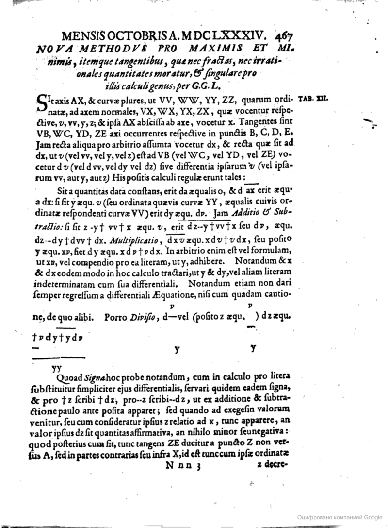 Первая страница работы Лейбница «Новый метод максимумов и минимумов»