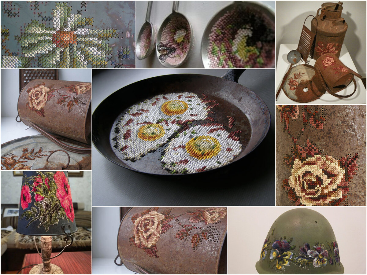 Имитация вышивки крестиком на старых металлических поверхностях