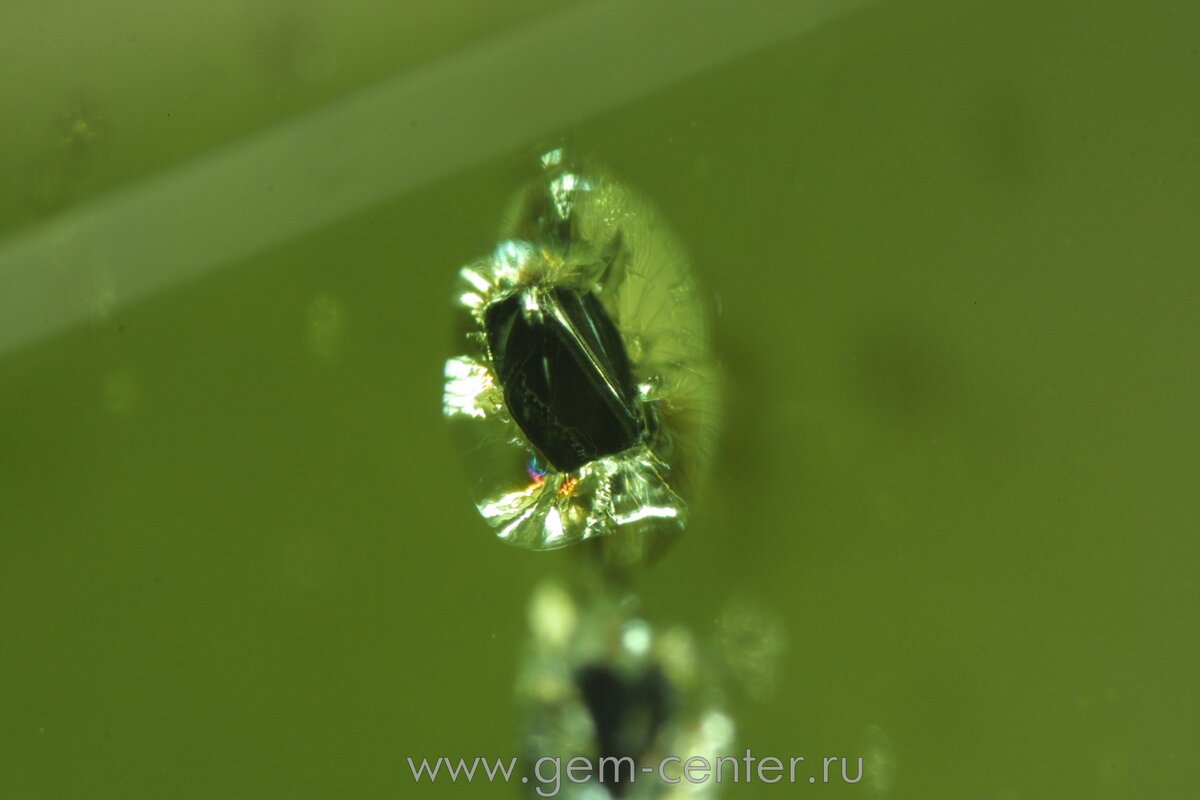 Включение кристалла хромшпинелидас ореолом контракционных трещин в хризолите