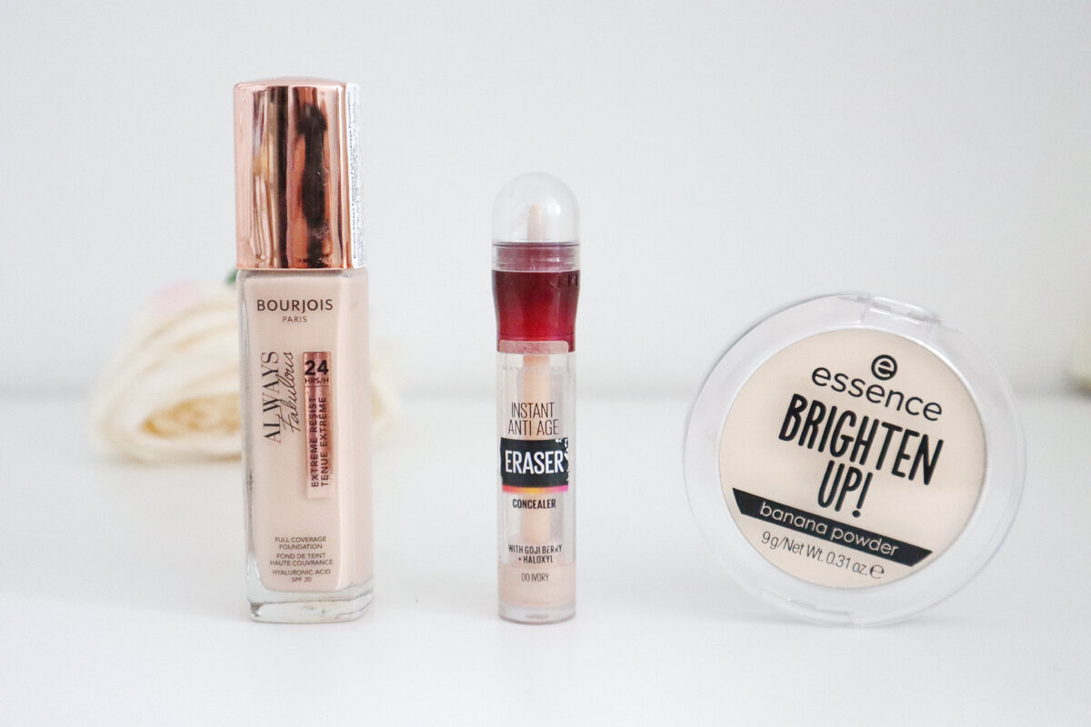 Тон Bourjois Always Fabulous, консилер Maybelline Eraser, пудра Essence Brighten Up!