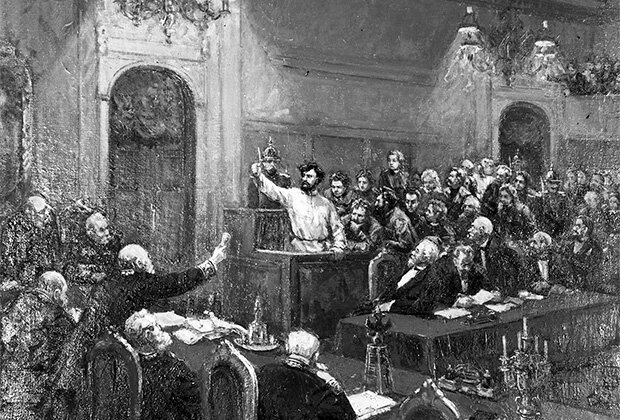 Картина Михаила Шабельникова «Речь Петра Алексеева на "процессе пятидесяти"»