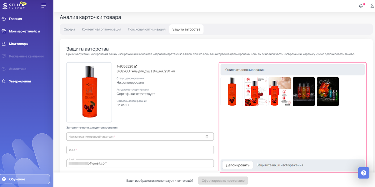 Пример карточки товара, которая ожидает депонирования.
