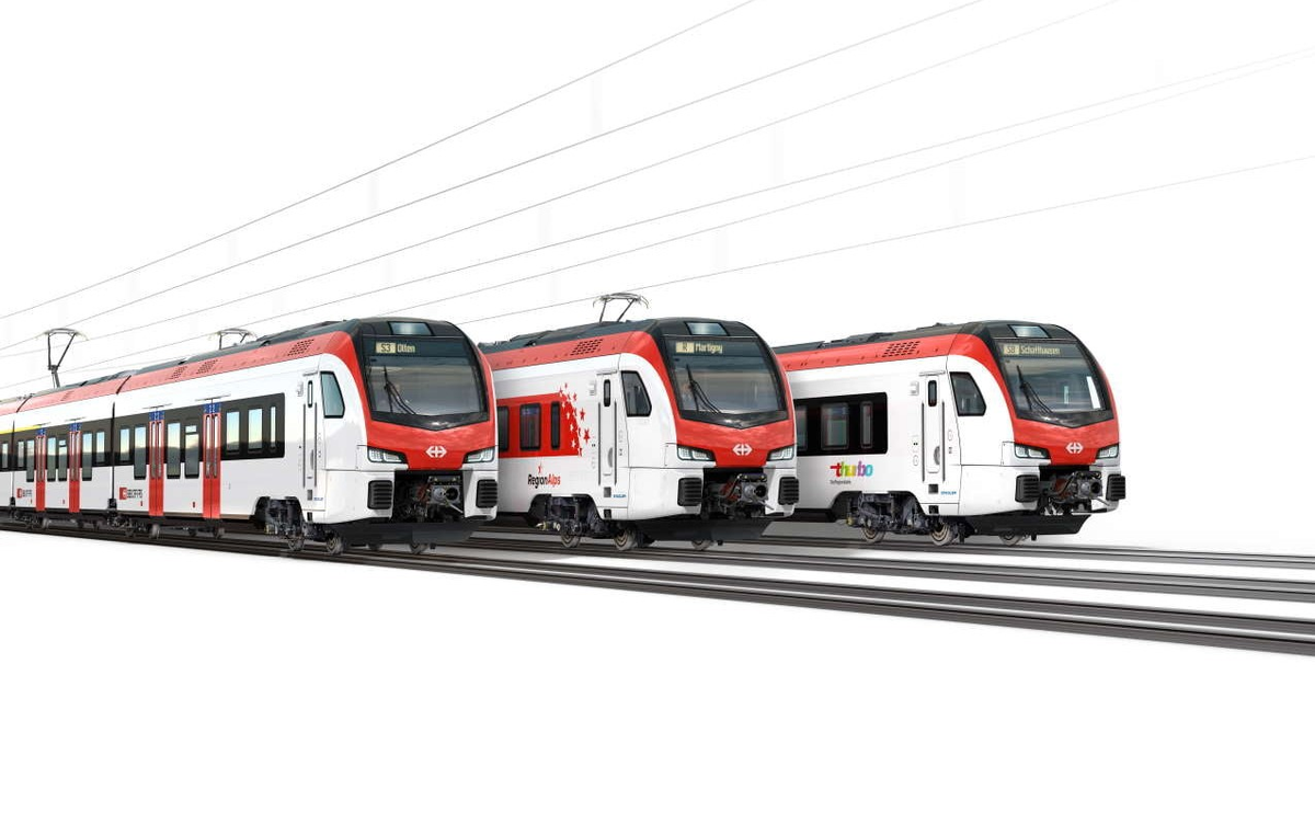 Рендер электропоездов Stadler FLIRT, которые должны быть поставлены SBB, Thurbo и RegionAlps. Источник: Stadler
