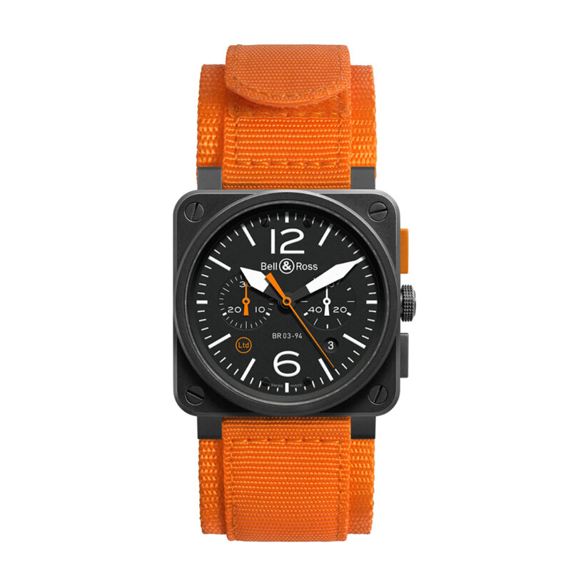 Лимитированные часы Bell&Ross BR 03 с 42 мм корпусом из стали с автоматическим подзаводом, тканевым ремешком, хронографом, водонепроницаемостью 100 м и запасом хода 40 часов