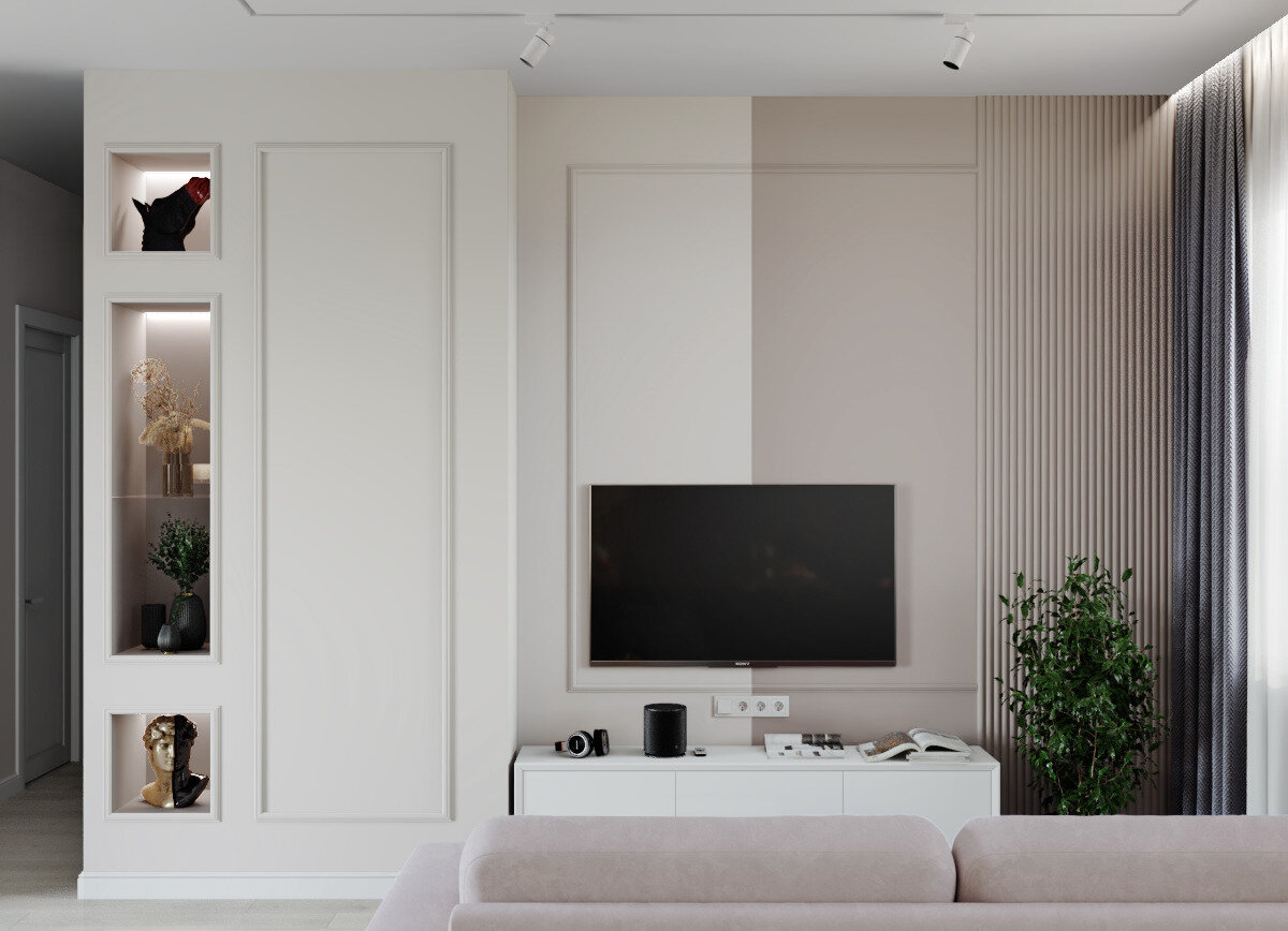 Кухня-гостиная в стиле минимализм. Зона тв плюс. Тв зона неоклассика. Гостиная с рабочим местом. Зона тв плюс.