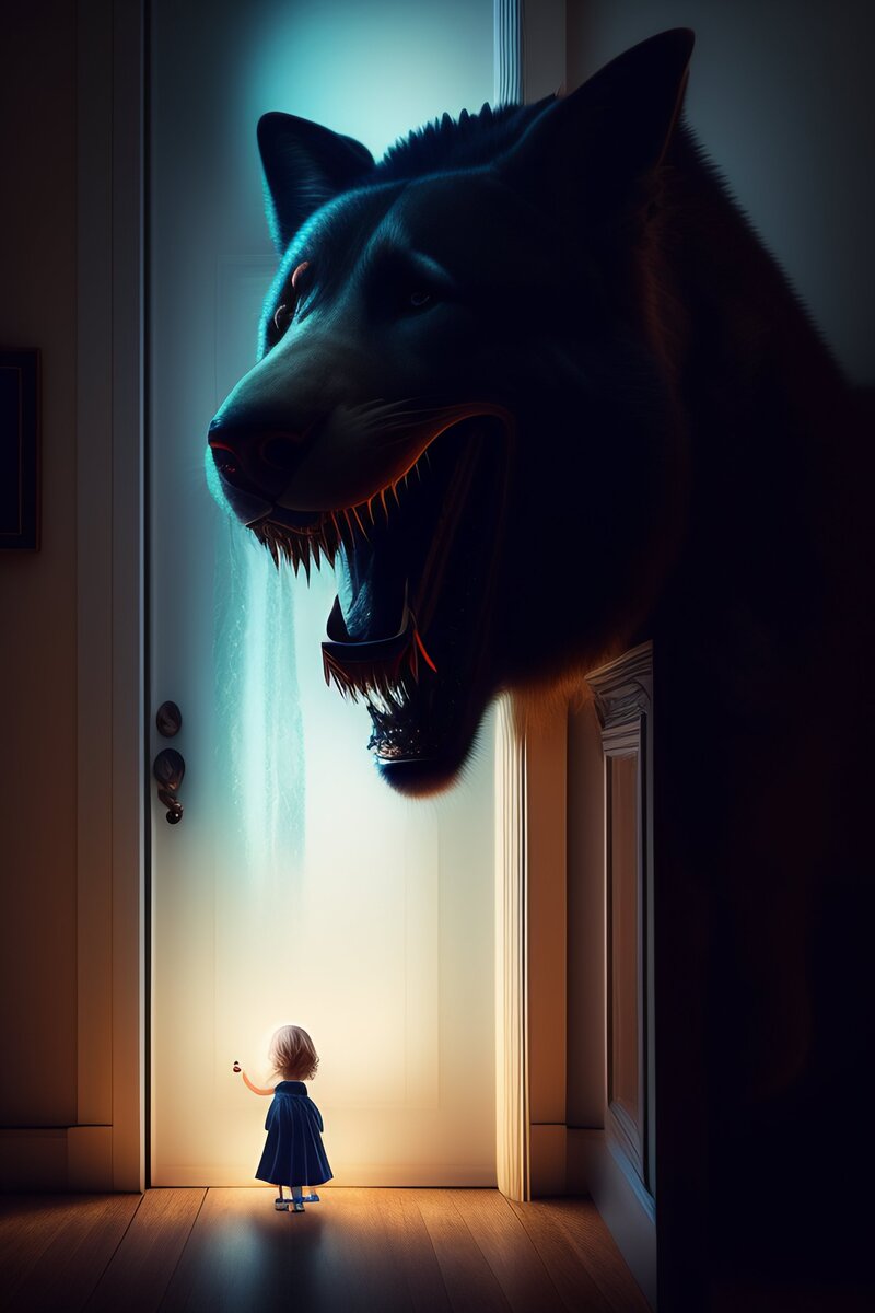 Давным-давно жила-была молодая девушка по имени Сара, которая жила в маленькой деревне, окруженной густыми лесами. Однажды, играя в лесу, Сара наткнулась на странную и древнюю книгу. Она начала читать его и была очарована темными и таинственными заклинаниями на его страницах. 
Однако мало ли она знала, что разбудила древнее чудовище, которое дремало веками. Чудовище было известно как Теневой Зверь, и оно питалось страхом и ужасом тех, на кого охотилось.

Вскоре с Сарой начали происходить странные и пугающие события. Каждую ночь она слышала странный шум из-за окна. Она выглядывала, чтобы увидеть Теневого Зверя, его глаза светились в темноте, глядя на нее в ответ. Сару парализовал страх, и она не могла никому рассказать о том, что с ней происходит.

Прошли дни, и Теневой Зверь начал становиться смелее. Он входил в комнату Сары, тяжело дыша и издавая странные звуки. Сара оказалась в ловушке и не знала, что делать. Она попыталась использовать заклинания из книги, чтобы изгнать монстра, но это только сделало его сильнее.

Однажды ночью, когда Сара лежала в постели, она услышала громкий рев за окном. Теневой Зверь пришел за ней. Она попыталась бежать, но дверь была заперта. Монстр ворвался в комнату, и Сара оказалась в ловушке.

Она закрыла глаза и молила о помощи. Внезапно комнату наполнил яркий свет, и когда она открыла глаза, то увидела фигуру, стоящую между ней и Теневым Зверем. Это был ангел-хранитель, посланный защищать ее от чудовища.

Ангел и Теневой Зверь вступили в ожесточенную битву, но в конце концов ангел вышел победителем. Сара снова была в безопасности, а Теневой Зверь был изгнан обратно во тьму, из которой пришел.

С того дня Сара больше никогда не ходила в лес. Она научилась быть благодарной за то, что у нее есть, и больше никогда не играла с темной магией. Жители деревни шептались о произошедших странных событиях, но Сара никогда не говорила о том, что произошло. Она прожила остаток своей жизни в мире, чтобы никогда больше не беспокоить Теневого Зверя.