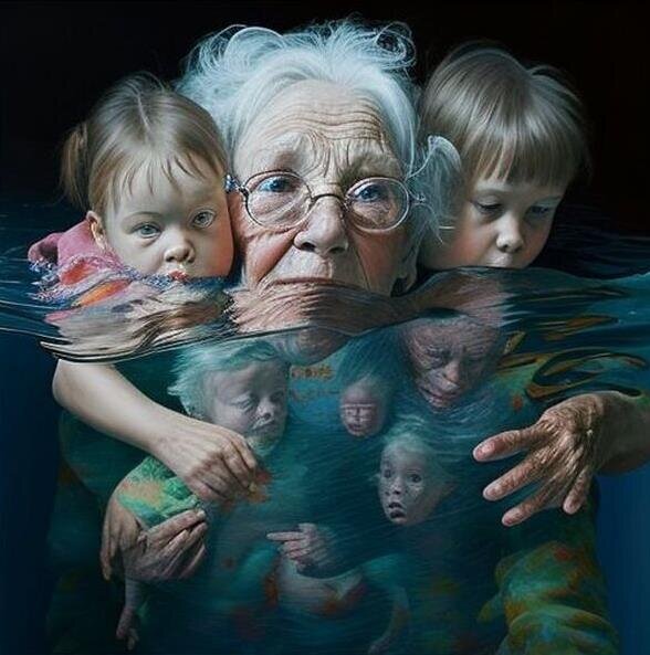 Бабуля с внуками. Нейросети. Фото с просторов интернета.