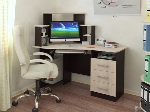 Размеры: ширина - 130 см, глубина - 80 см, высота - 130 см. 
Цвет: венге/лоредо (как на картинке).

Материал: ЛДСП.

Технические характеристики:
Стол оснащен тумбой с 3 выдвижными ящиками.
Сверху стола расположены полки, в том числе полка для принтера.
Под столом расположено отделение для системного блока.
Выдвижная полка для клавиатуры.
Сборка стола - как на картинке (не универсальная).

Вес: 44,4 кг.

Объём: 0,091 м3.

Уход за мебелью: не требует специального ухода.

Гарантийный срок: 1 год.

Производство: Россия.