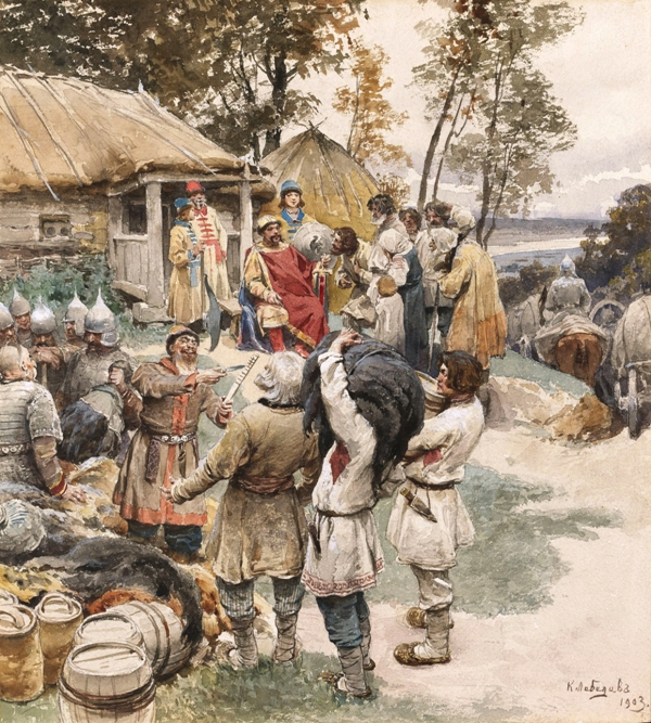 Князь Игорь собирает дань с древлян в 945 году («Полюдье»); художник Клавдий Васильевич Лебедев