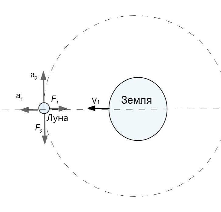 Равновесие сил, действующих на Луну в точке ее квадратуры. Солнце на схеме находится снизу, на общей оси с Землей. 