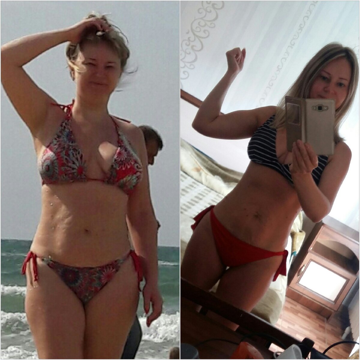 Слева после родов. Справа после спортзала. Разница в 2 года.