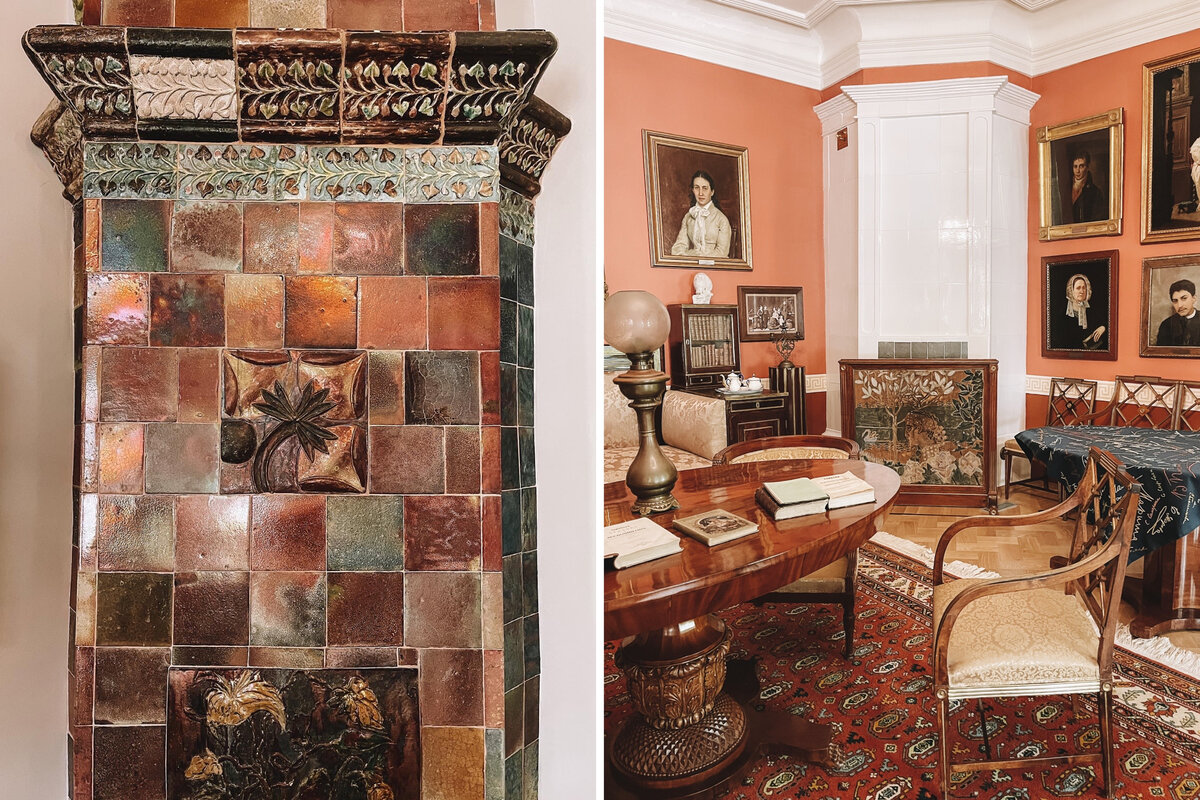 Камин у входа в амбрамцевский дом и гостиная с обстановкой московского особняка. Обратите внимание на экран для камина "Князь Гвидон и царевна Лебедь" — он врубелевский