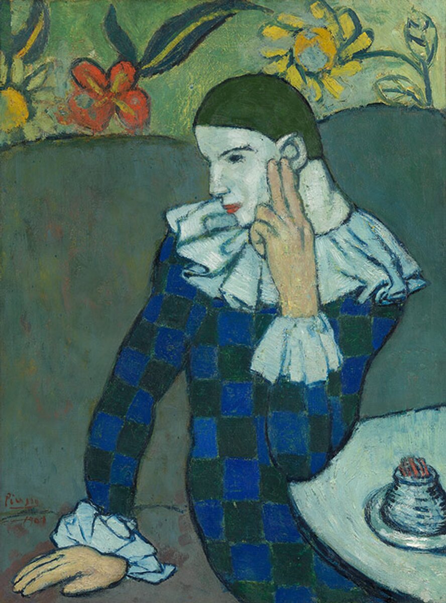    Пабло Пикассо. «Сидящий арлекин», 1901 г. Источник: Met Museum