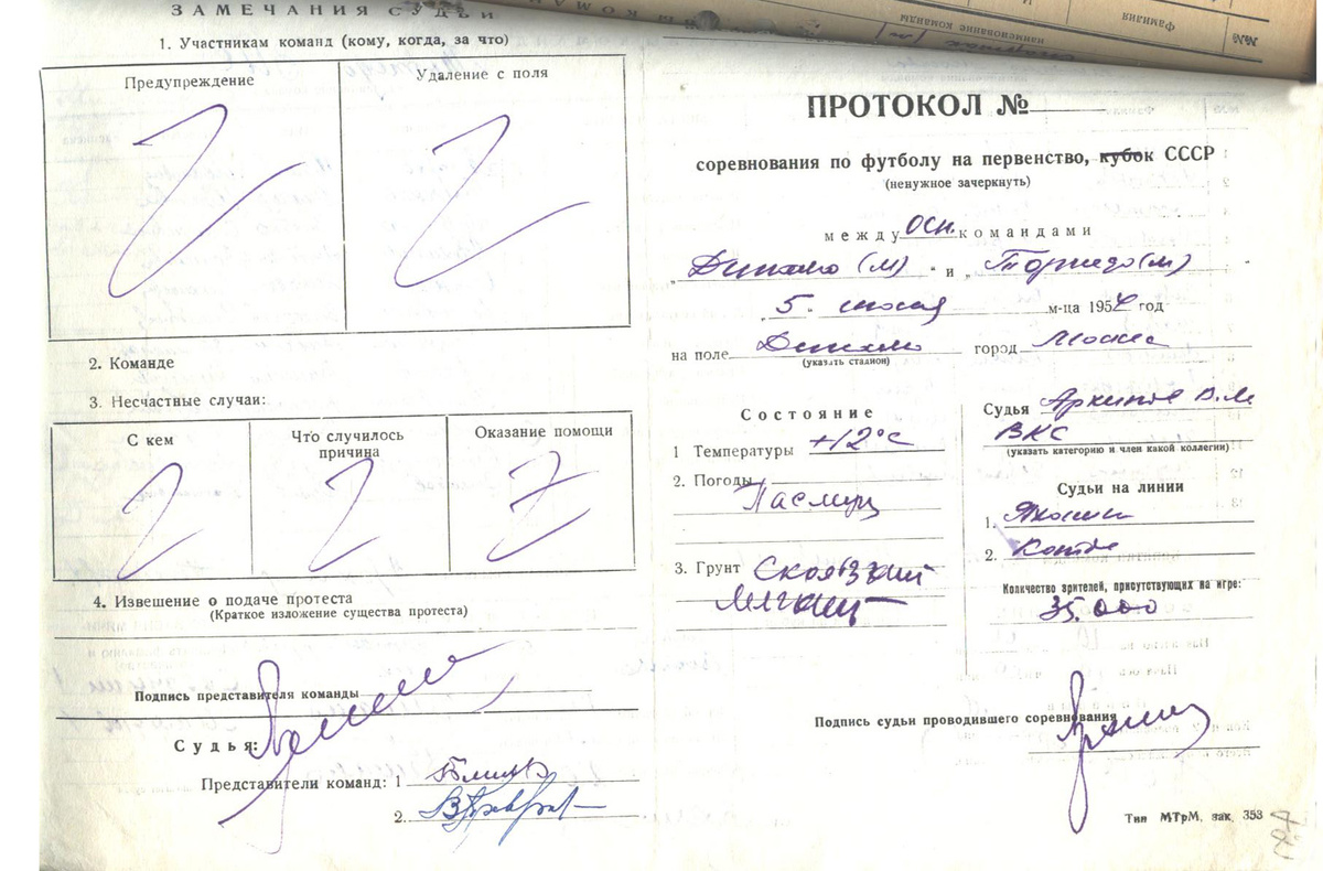 Протокол игры "Динамо" (Москва) - "Торпедо" (Москва). 5 июня 1954 г. Сканировано автором ИстБлога.