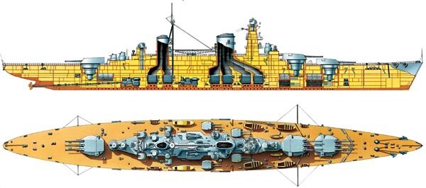 Fig. 2. 1940 Russian battlecruiser «Kronshtadt» (41.540 t., 35 kn. 3x3 305 mm., 4x2 152 mm, 4x2 100 mm 28х37 mm., belt 230 mm., deck 120 mm.) construction drawing.