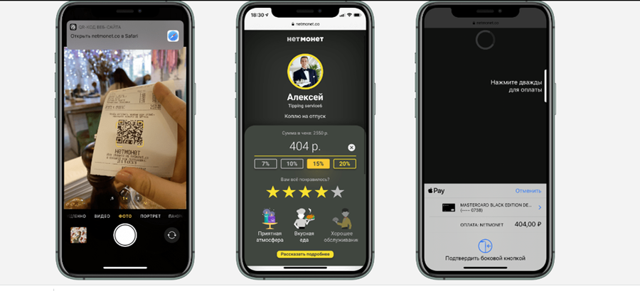 Вы просто сканируете QR-код на чеке или визитке через камеру в телефоне, выбираете размер чаевых, пишете отзыв — и деньги мгновенно зачисляются на карту официанту.