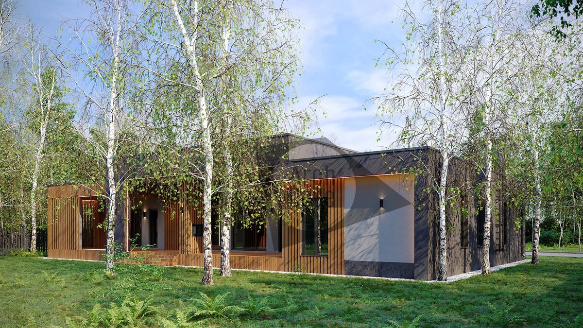 Проект красивого одноэтажного дома с банным комплексом