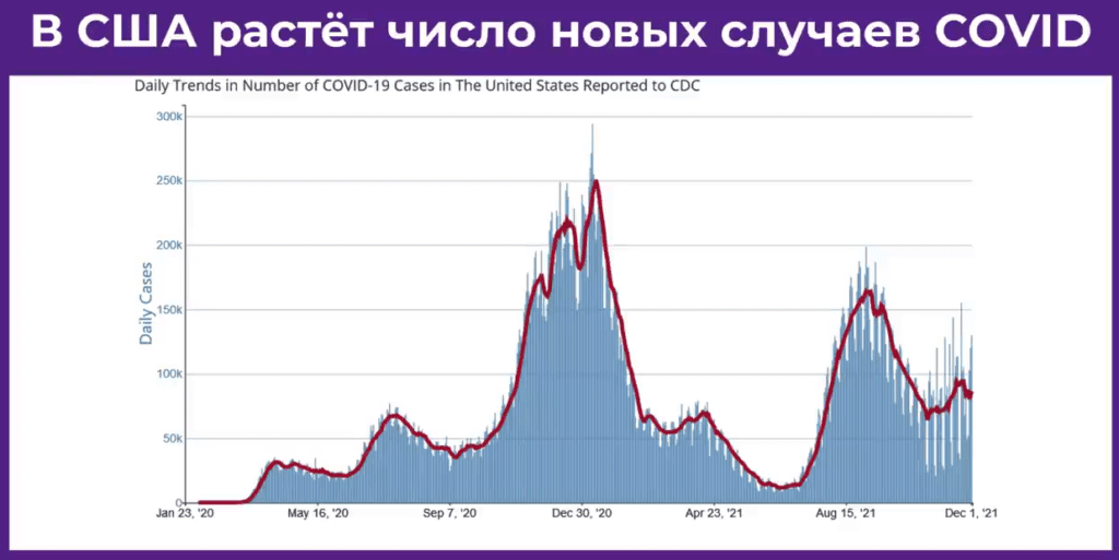 Заболеваемость COVID-19 в США с января 2020 года по декабрь 2021 года
