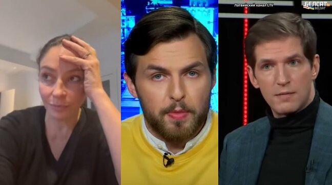 Коллектив телеканала "Дождь" (признан иноагентом в РФ): слева направо: собственник телеканала "Дождь" Наталья Синдеева, корреспондент (уже бывший) Алексей Коростелев, главный редактор Тихон Дзядко. Синдеева и Дзядко признаны иноагентами в РФ. Источники фото: скриншот видео из телеграм-канала Натальи Синдеевой, скриншот видео телеканала "Дождь", скриншот видео каналов LTV и Belcat