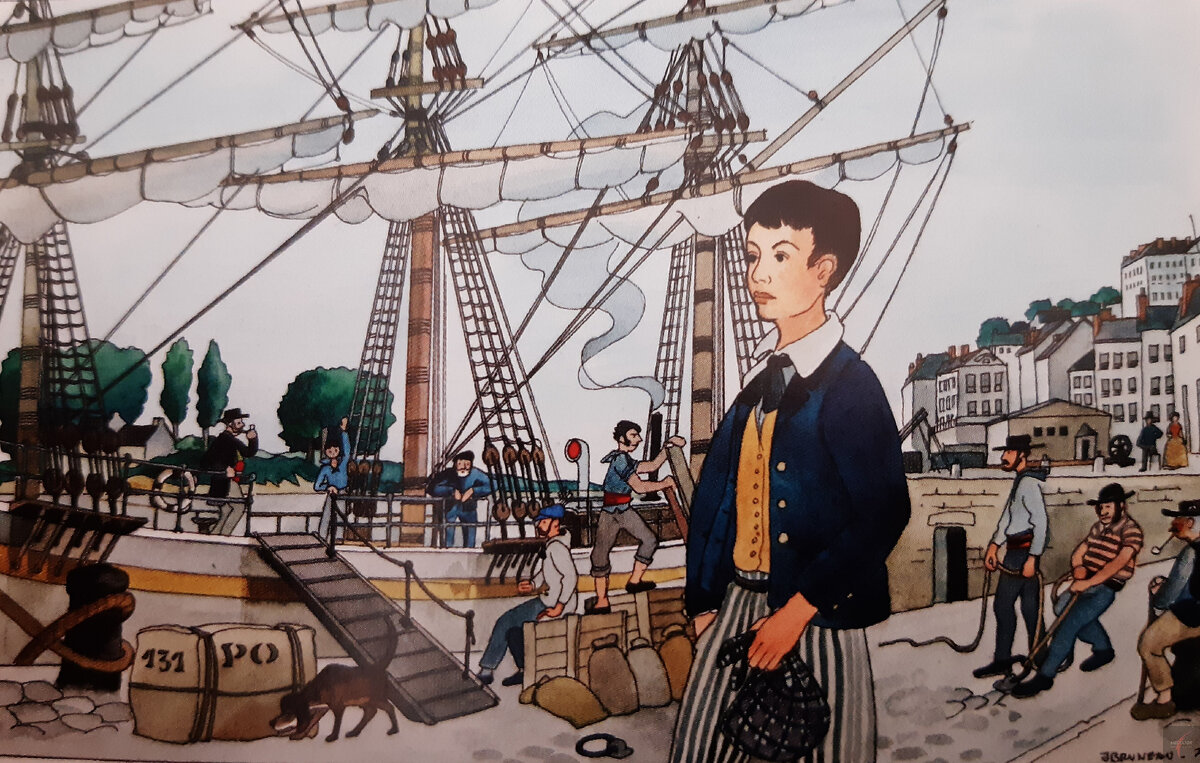 Музей Жюля Верна: Жан Брюно, юный Жюль Верн на берегу Нанта, акварель (вы можете наблюдать за другими картинами художника и искать Жюля Верна в разные периоды его жизни).