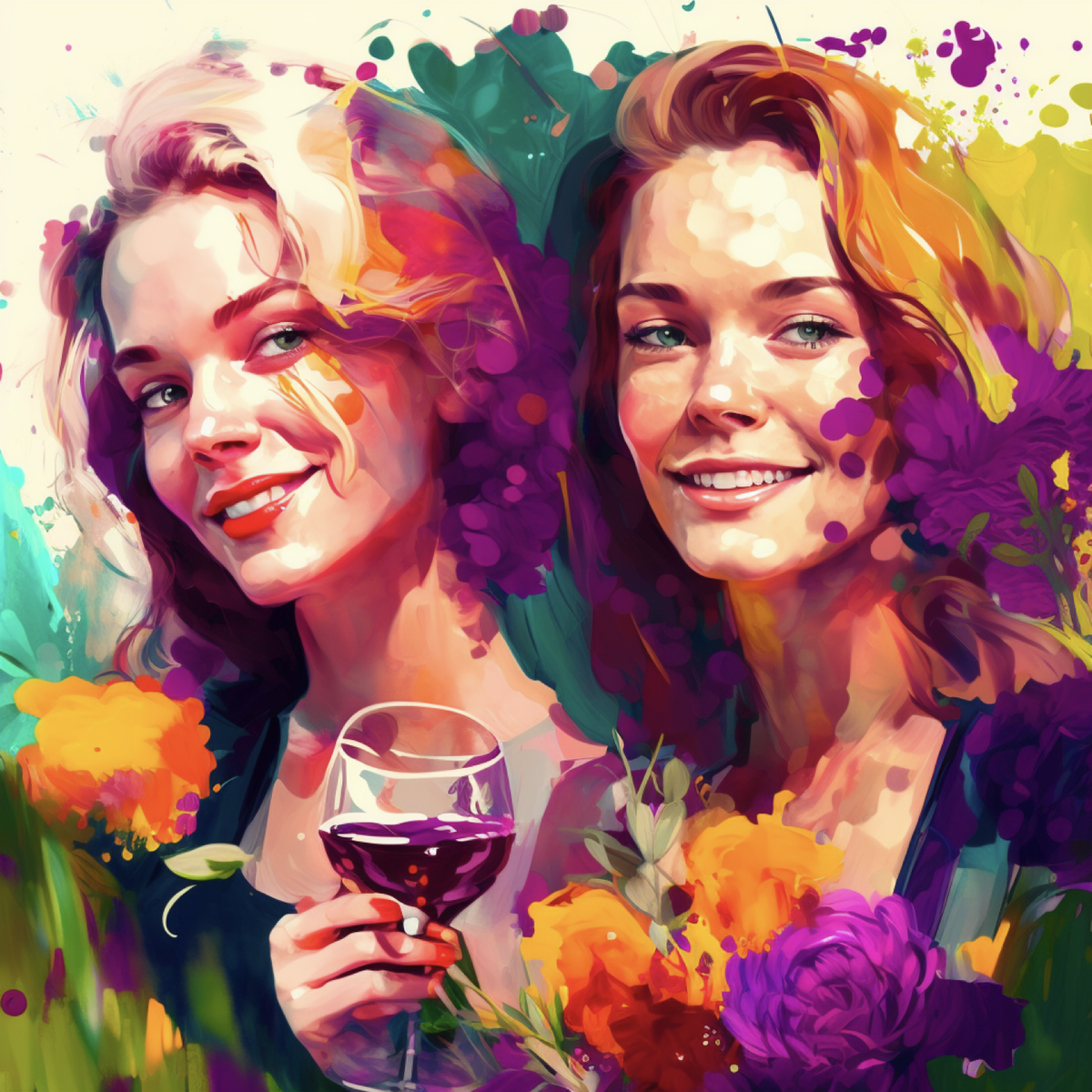 Это изображение сделала для меня нейронная сеть Мидджорни по запросу "счастливые женщины в цветах и с вином, яркие краски" :)