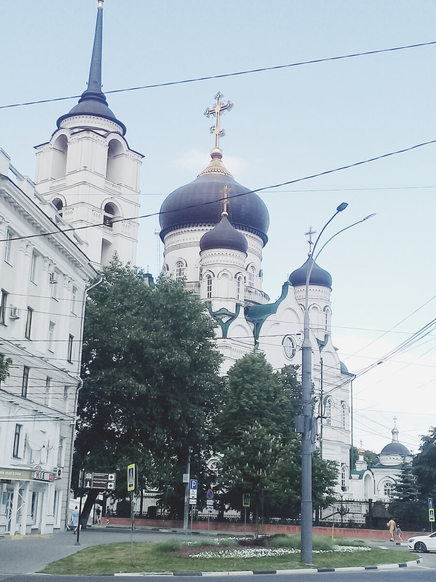 Благовещенский собор напротив - воронежский вариант храма Христа Спасителя, торжественно взорванный в СССР и торжественно восстановленный в РФ. Только оригинал будет существенно старше - освящен в 1698 году. 
