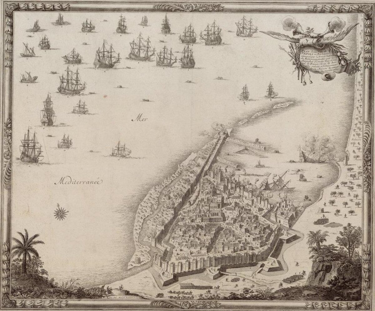 Морская бомбардировка Триполи 1685 г. Время правда не то, но общее представление об укреплениях гравюра даёт. Изображение из открытых источников.