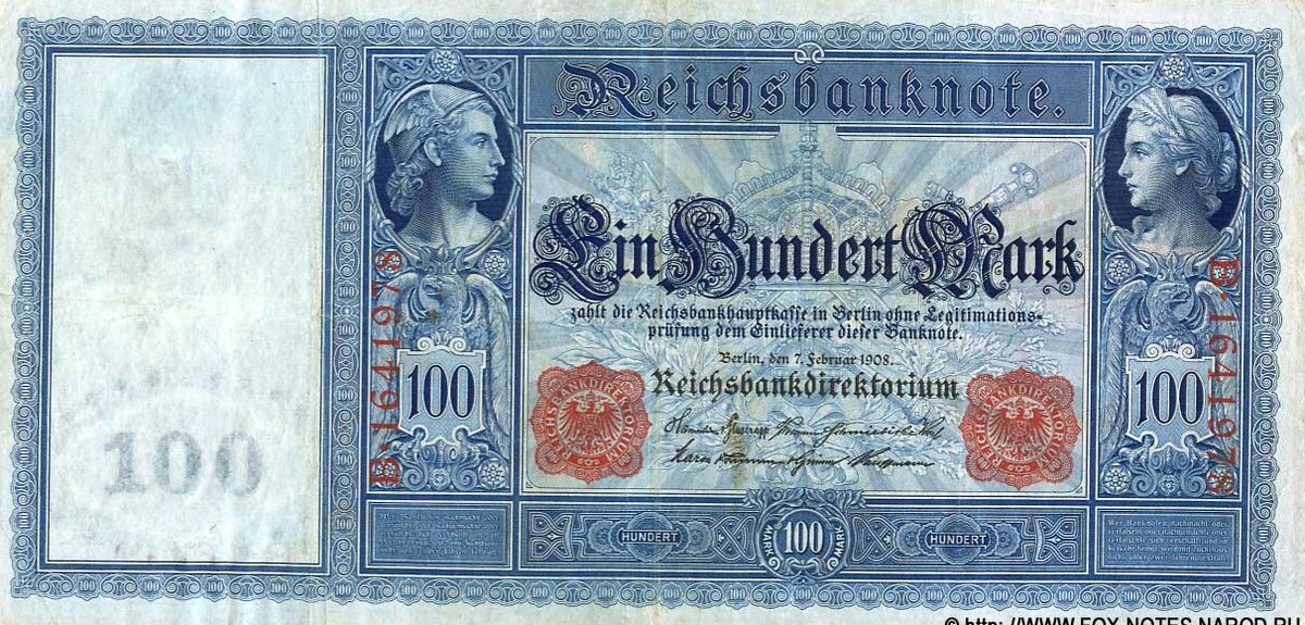 Банкнота номиналом в 100 марок. 1908 год. Типография - изготовитель: Reichsdruckerei - Х.#7 (семь цифр в номере). Две красные печати. Серии: A, B, C, D. Бумага синеватая. Источник фото указан на изображении банкноты.