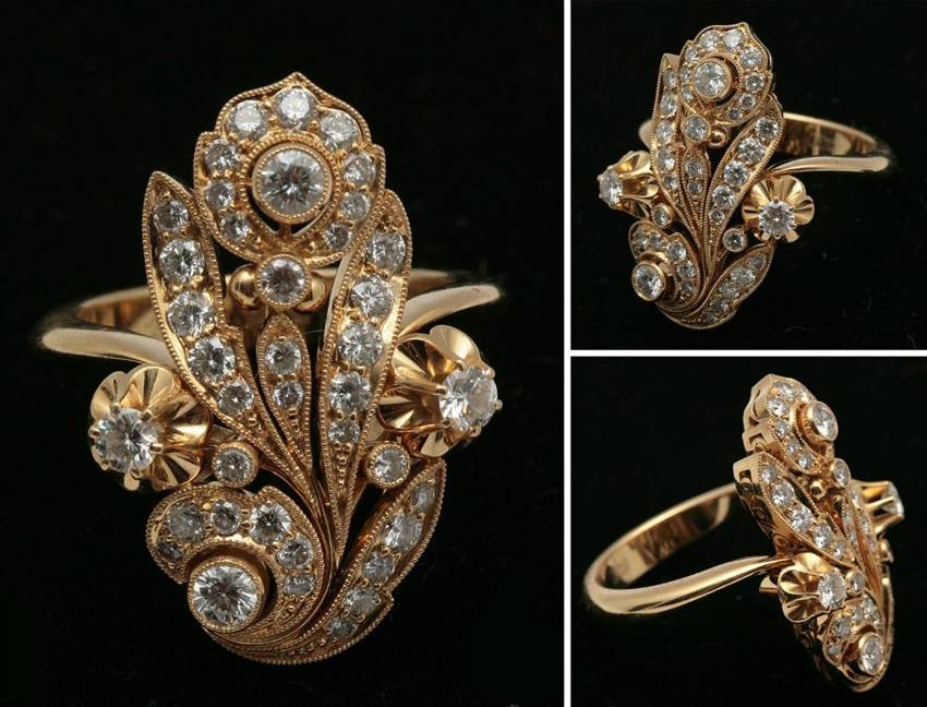 Кольцо с бриллиантами. Стиль Ар-Деко, золото. Верхняя часть кольца украшена 39 природными бриллиантами. Россия, последняя четверть XX в.