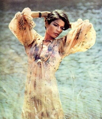 Bianca Jagger wearing a dress by Ossie Clark 1970s.