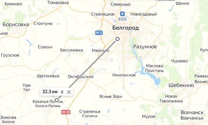 Расстояние от границ Украины до пригородов Белгорода. Источник: яндекс-карта