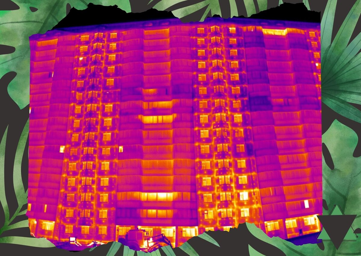 Вот так выглядит дом днем в съемке инфракрасной камеры. Дом из темных материалов. Видно, как панельные дома сильно нагреваются.