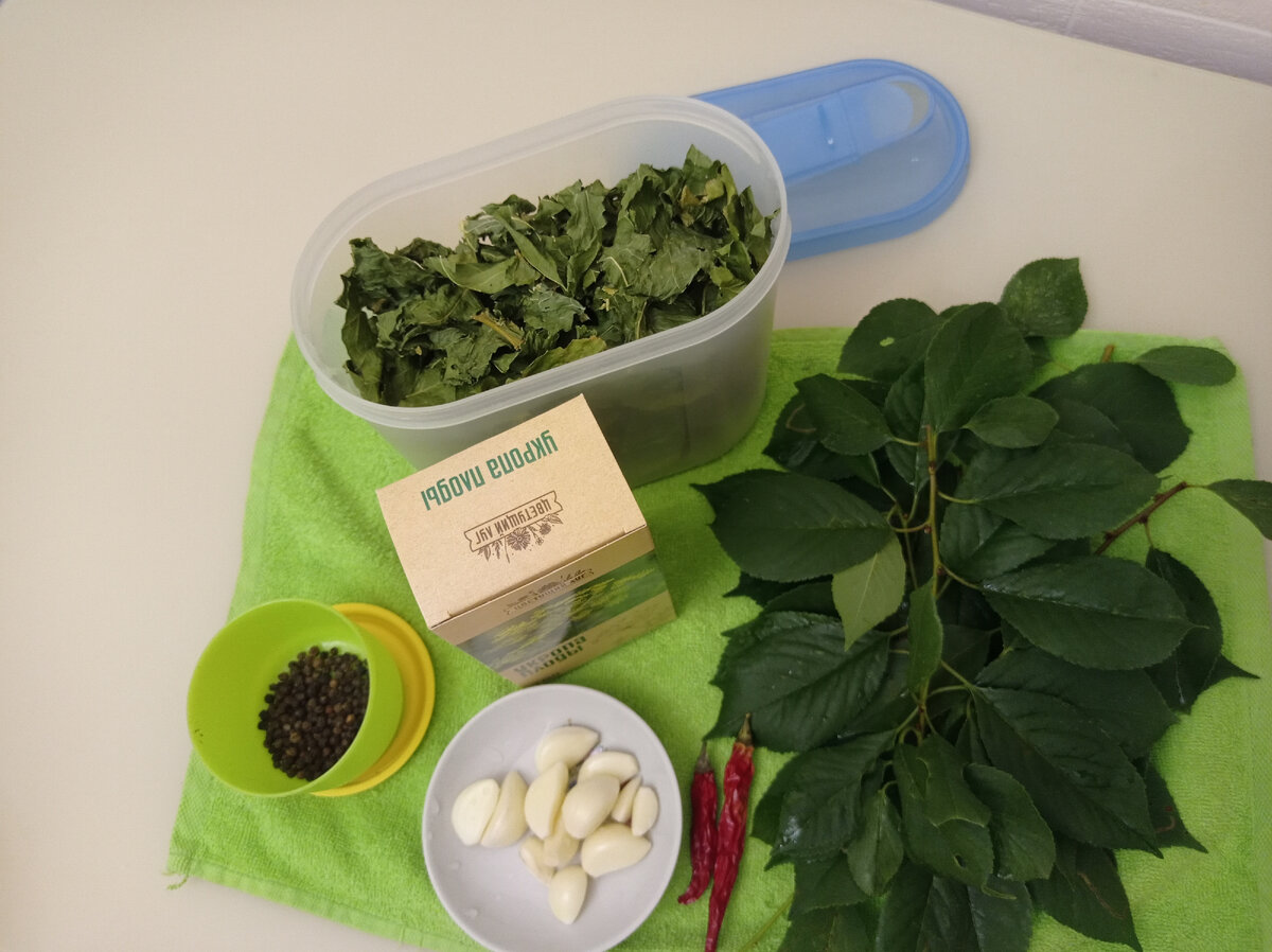 Мой набор для засолки. Листьев смородины тут нет - забыла срезать. 