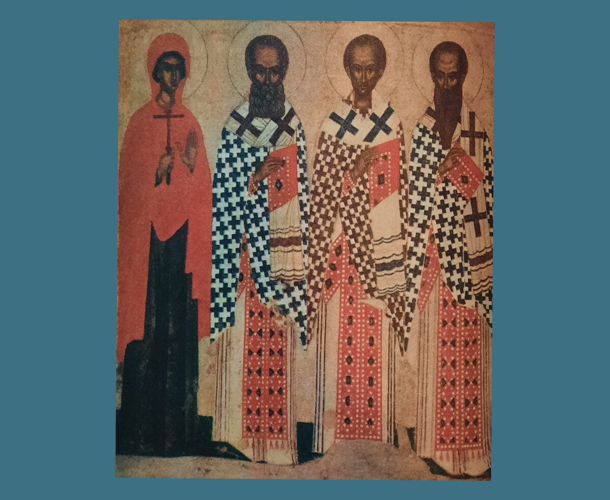Избранные святые: Параскева Пятница, Григорий Богослов, Иоанн Златоуст, Василий Великий. Икона. XV век. Москва Государственная Третьяковская галерея