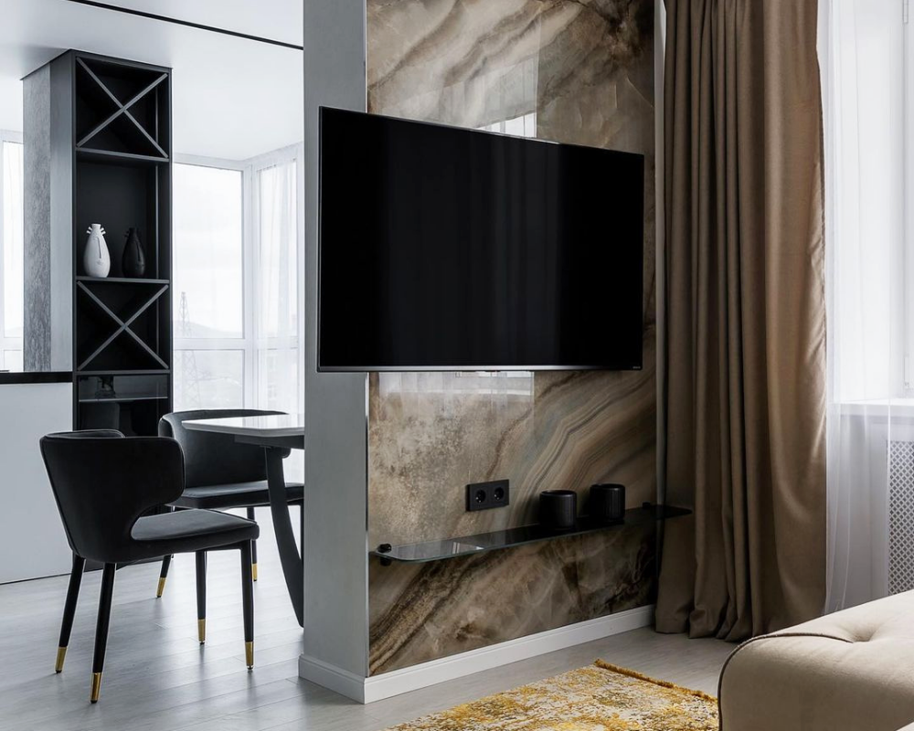 Дизайн от @swirdesign. Керамический гранит под мрамор KERAMA MARAZZI, коллекция "Ониче"