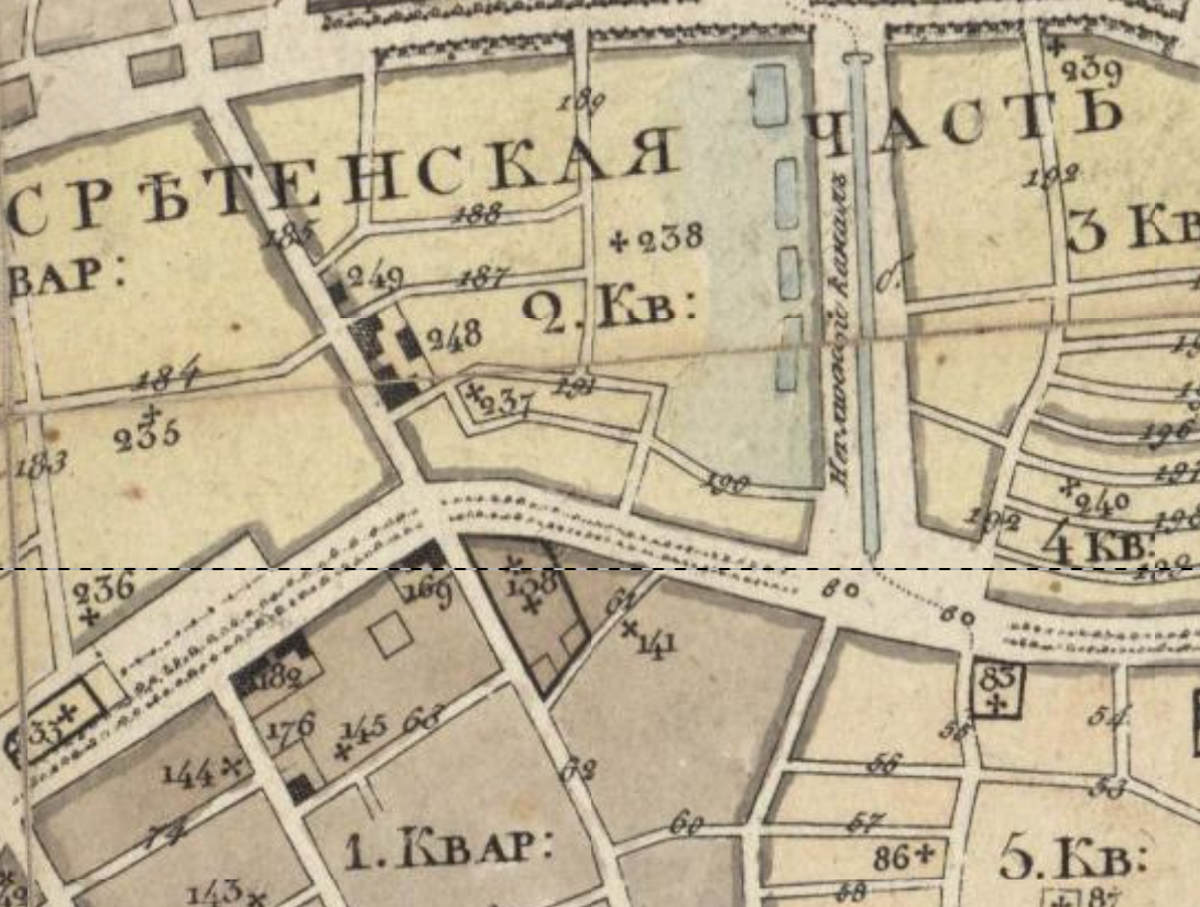 Тот самый бассейн вместо Цветного бульвара на карте Москвы 1826 года. С сайта www.retromap.ru.