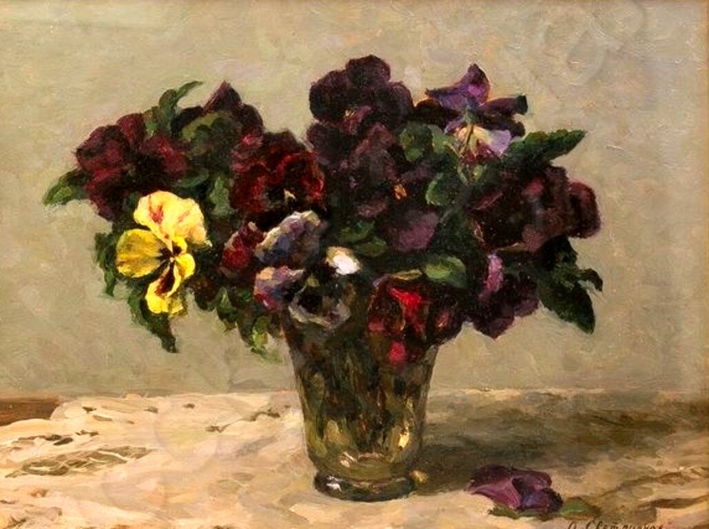 Светличная О.Г., «Анютины глазки», третья четверть ХХ века, картон, масло, 27,5 х 36 см, частная коллекция