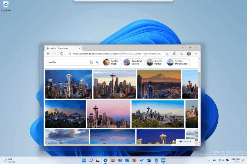 Панель Snap Layouts вверху экрана в Windows 11, источник - Microsoft