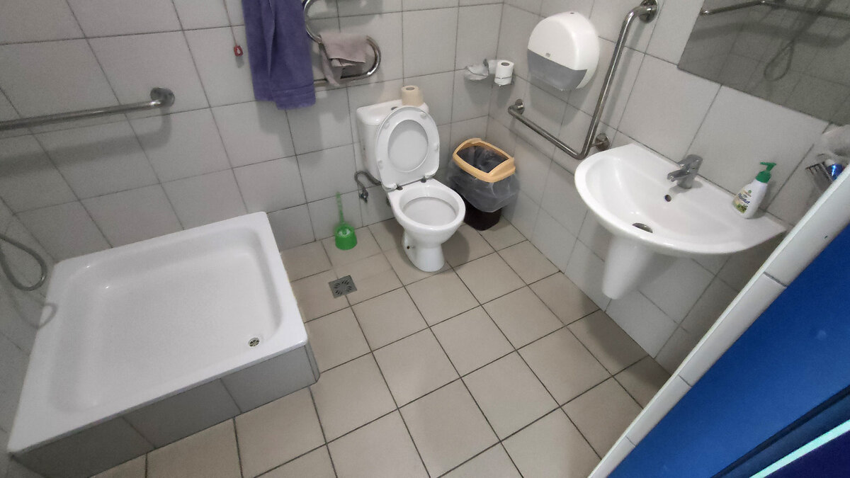 Удобно, что в санузле есть поручни. Ед. минус свет был тусклый, выкрутил экспозицию на фото.