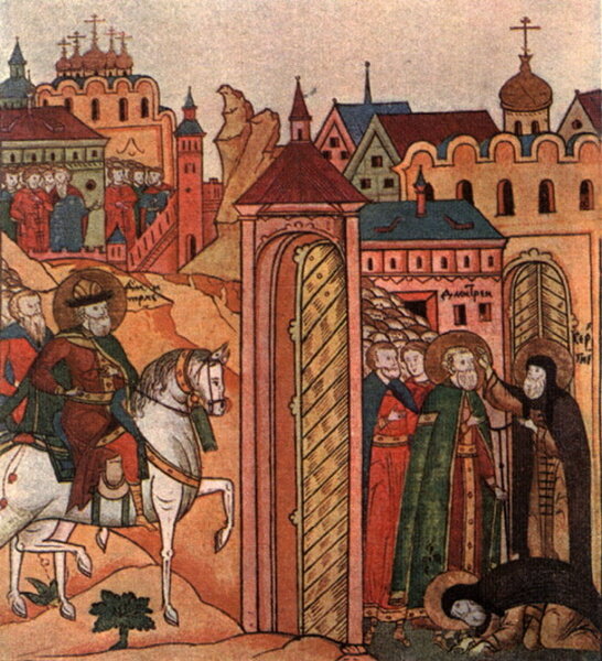 Великий князь Димитрий Донской у преподобного Сергия Радонежского. Миниатюра лицевого «Жития Сергия Радонежского», конец XVI века. Источник: http://blogspot.com