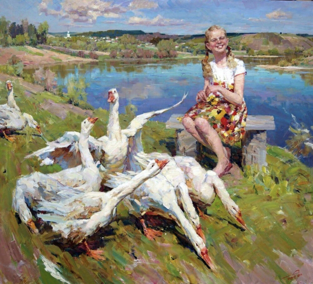 Олег Теняев "Маруся и гуси". Источник: https://ambilive.ru/en/articles/606-hudozhniki-sovremennoi-rossii-tenjaev-oleg-anatolevich.html