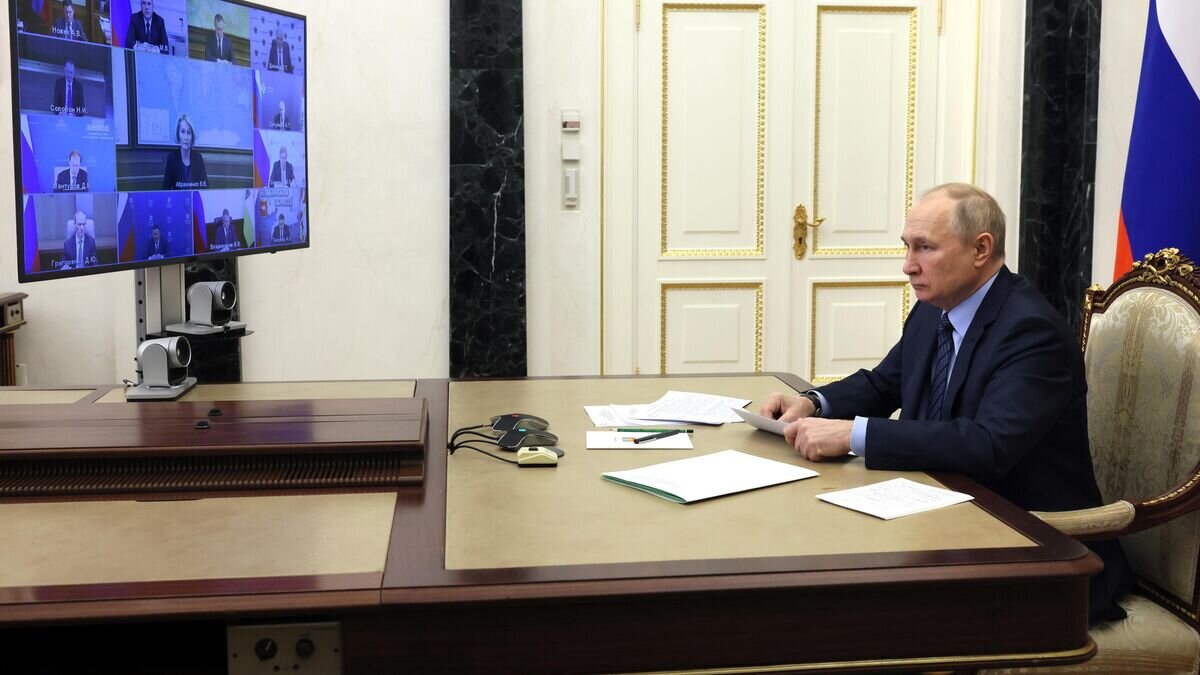    Президент РФ Владимир Путин проводит совещание с членами правительства РФ в режиме видеоконференции© РИА Новости / POOL